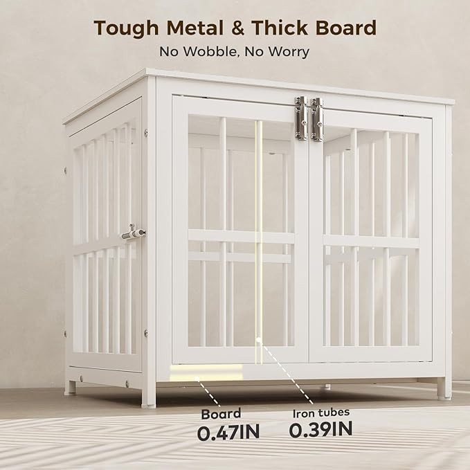 26 Inch Heavy Duty Wooden Dog Kennel End Table with Double Door Design and Secure Locks, Indoor Pet Crate Furniture for Small Dogs, Decorative Home Cage Design,White-PurrikoPets