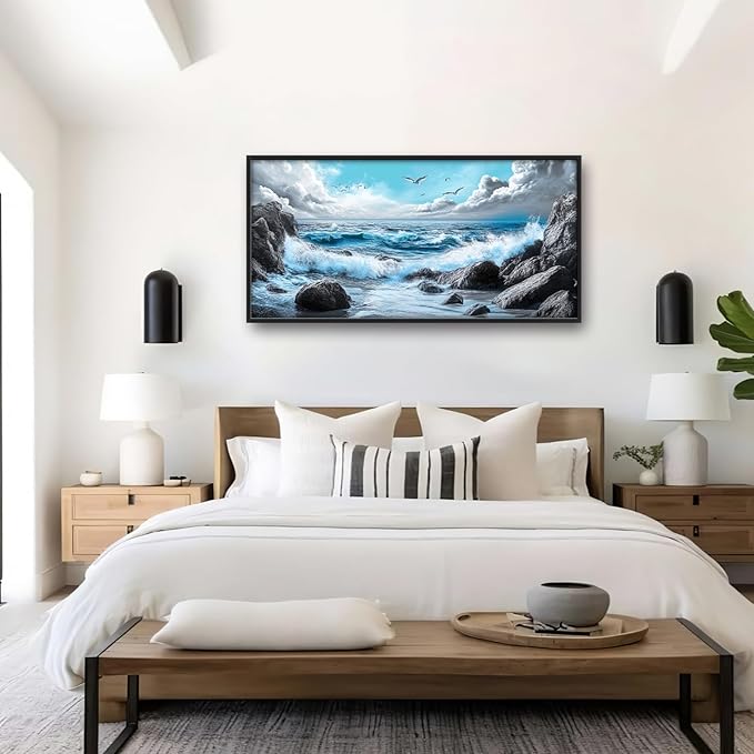 Extra Large Framed Abstract Sea Ocean Wall Art,Black and White Wall Decor, Coastal Seashore Pictures for Living Room,Canvas Print Painting Modern Artwork Bedroom Office Bathroom 60L x 30W-PurrikoPets