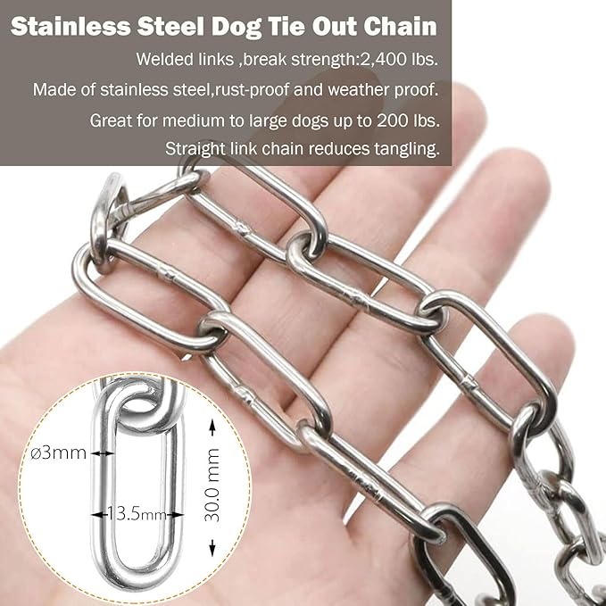 25ft Dog Chains for Outside - Heavy Duty Tie Out Chain Leash Great for Small to Large Dogs Up to 200Lbs - Chew Proof Long Chain for Yard Camping or Travel-PurrikoPets