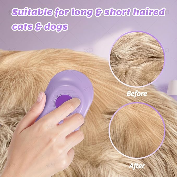 4 in 1 Cat & Dog Steam Brush Kit with 2 Comb Heads - Rechargeable Grooming Brush for Long/Short Hair Shedding, Anti-Static Steam Spray & Foldable Handle, Pet Spa Cleaning Tool (Purple)-PurrikoPets