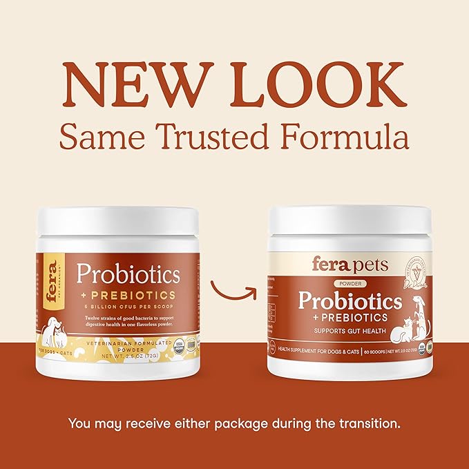Fera Pets Probiotics for Dogs & Cats with Prebiotics - USDA Organic - Gut Health Powder Supplement with 12 Strains and 5 Billion CFUs - Supports Immunity, Energy and Skin & Coat - 60 Scoops-PurrikoPets