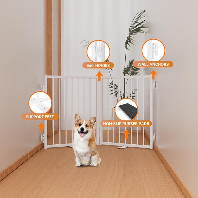 Full Metal Freestanding Dog Gate with Door, 24'' Height Foldable Pet Dog Fence for Indoor & Outdoor, 2 Panels Extra Wide Free Standing Small Dog Gates for Doorways,House,Stairs,Porch,Deck,Yard-PurrikoPets