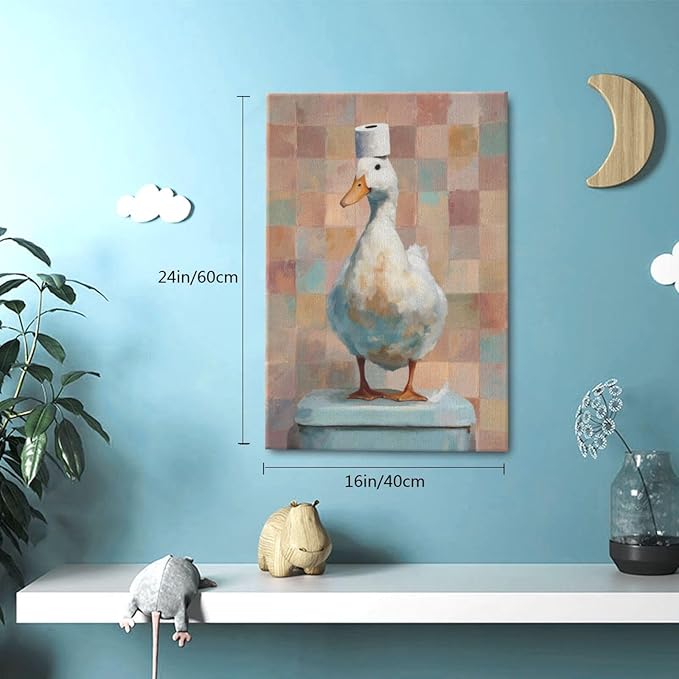 Funny Duck Bathroom Wall Art Cute Duck on Toilet Canvas Wall Decor Funny Quirky Farm Animal Pictures Painting Print Framed Artwork Decorations Gifts for Bathroom 16"x24"-PurrikoPets