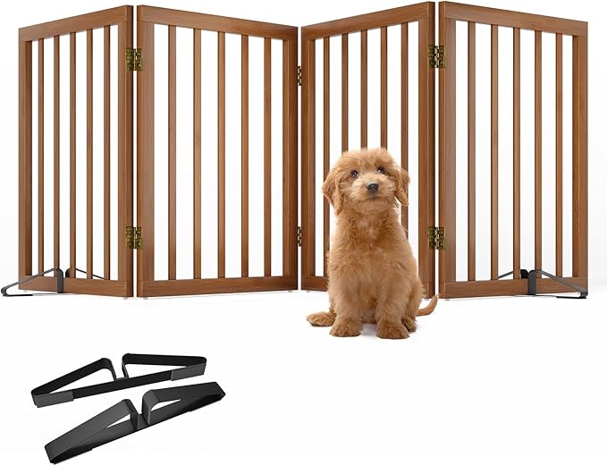 Freestanding Pet Gate Foldable 4 Panel Dog Gate Walnut Dog Gates for Stair Doorways House Indoor (2 Support Feet Included)-PurrikoPets