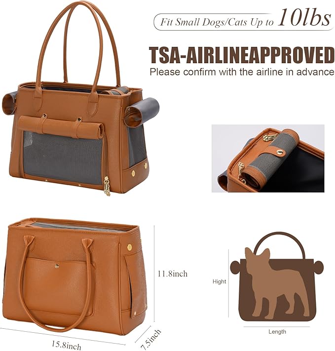 Fashion Pet Carrier Purse for Small Cat and Dog, Luxury Pu Soft-Sided Tote Bag with Large Pockets for Dogs and Puppies (Brown, 15.8" L x 7.5" W x 11.8" H)-PurrikoPets