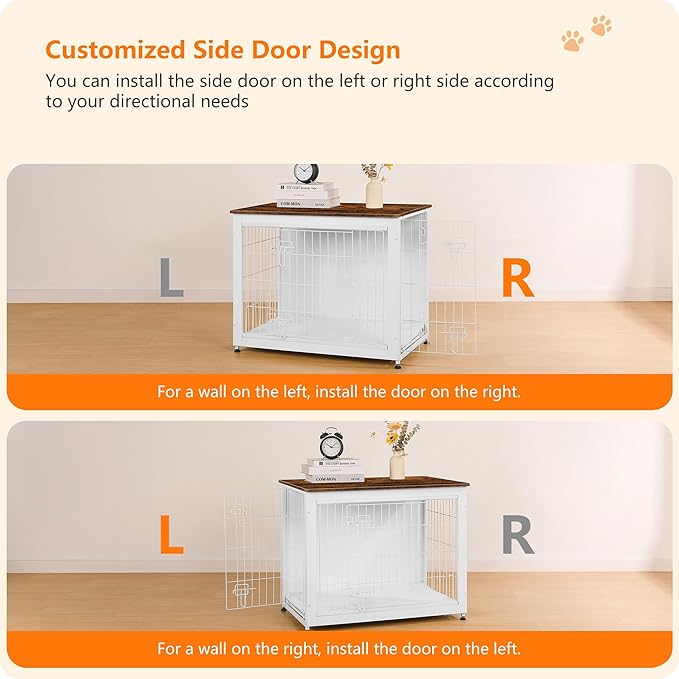 DWANTON Dog Crate Furniture with Cushion, Wooden Kennel Table with Double Doors, Indoor Dog House, Medium Size, 32.5" L, White+Rustic Brown-PurrikoPets