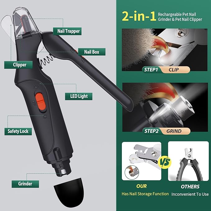 2 in 1 Dog Nail Clippers & Cat Nail Clippers Trimmers for Large Medium Small Dogs Cats Claw Trimmer Quick Sensor and Safety Guard USB Rechargeable Dogs Nail Trimmer with Catcher & 2 LED Lights-PurrikoPets