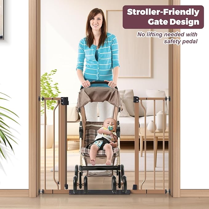 29"-40" Baby Gate for Stairs, Auto Close Stroller Friendly Dog Gate Indoor for Doorways, Pressure Mounted Baby Gate, Easy Walk Through Gate for Children & Pets, Brown-PurrikoPets