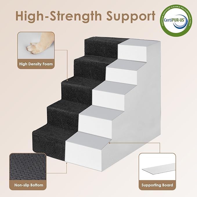 EHEYCIGA Dog Stairs for High Bed 25" H, 5-Step Extra Wide Dog Steps for Bed, Pet Steps for Small Dogs and Cats, Non-Slip Balanced Pet Ramp Indoor, Black-PurrikoPets