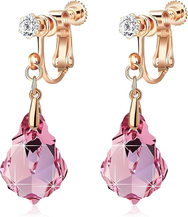 Austrian Crystal Baroque Drop Clip On Dangle Earrings for Women Non Pierced 14K Rose Gold Plated Hypoallergenic Jewelry