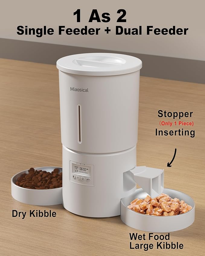 Dual Automatic Cat Feeder 2 Cats,6 Meals/Day,12 Portions/Meal,4.2L Dual Power Double Bowls Feeder,Dry Food Auto Pet Dispenser,10S Voice Record,Flexible Schedule Timer(White,Stainless Dual Bowls)-PurrikoPets