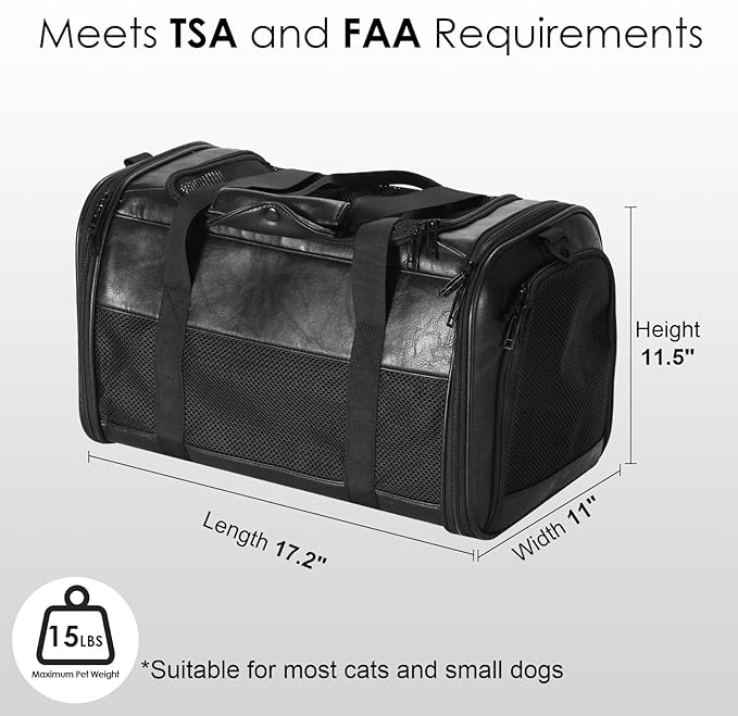 Fashion Leather Dog Carrier, Airline Approved Cat Carrier Soft Sided Pet Bag Carrier Purse for Puppy Kitten Small Animals Black-PurrikoPets