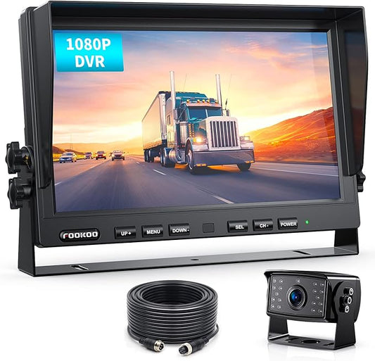 Fookoo Ⅱ 10" 1080P Wired Backup Camera System,10-inch HD Dual Split Screen Monitor with Recording IP69 Waterproof Rear View Camera Parking Lines Supports Up to 2 Cameras for Truck/Trailer/RV(DY101)-PurrikoPets