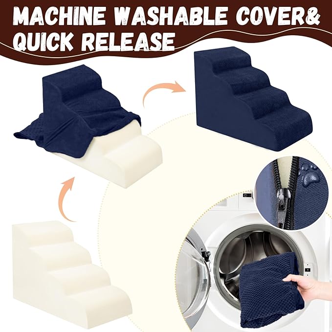 Dog Stairs for Small Dogs - High Density Foam Pet Steps, Extra Wide Dog Ramp with Non-Slip Bottom for High Beds, Couch and Sofa, Best for Dogs Injured, Older Doggy Cats, 4 Steps, Navy-PurrikoPets