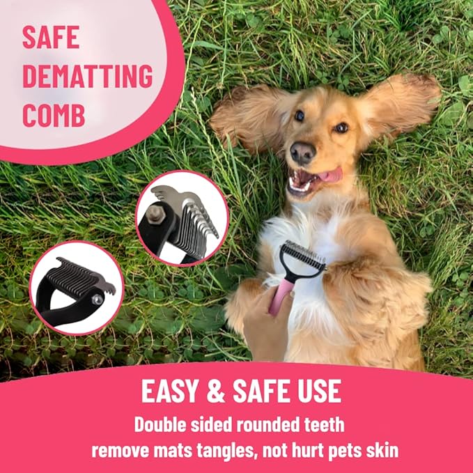 Dog Grooming Kit - Deshedding Brush for Short Hair, Slicker Brush, Flea Comb, Puppy Brush Set in Pink-PurrikoPets