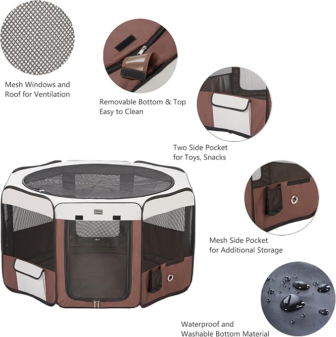 DONORO Dog Playpen 46" Portable Pet Play Pens for Small Medium Dogs, Foldable Exercise Kennel Tent Crate Indoor/Outdoor Travel Camping, Removable Top/Bottom (Brown, Large (46"x46"x23"), 8)-PurrikoPets