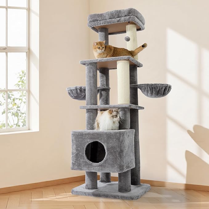 Gardner Pet 65in Heavy Duty Cat Tree Tower for Large Cats, Multi-Level Cat Furniture with Replaceable Sisal Scratching Post, Hammock | Extra-Large Platform & Condo (Upgraded Grey)-PurrikoPets