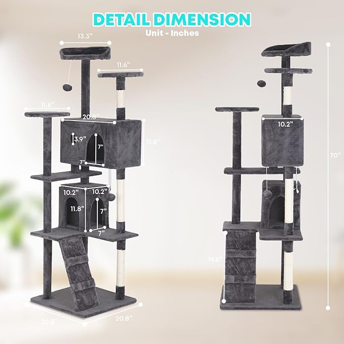 FDW Cat Tree 70in Cat Tower Multi-Level Durable Cat Scratching Post & Cozy Fun Cat Jumping Platform Space Saving Cat Condo Pet Play House for Indoor Cats,Light Gray-PurrikoPets