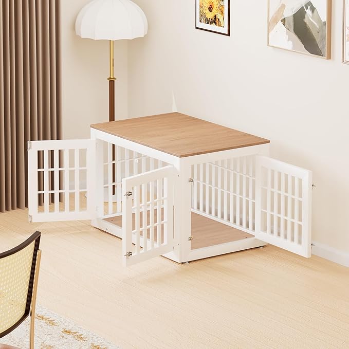 42" Heavy Duty Dog Crate Furniture for Small,Medium and Large Dogs,Rustic Wooden Dog Cage Kennel Indoor Furniture with Waterproof Top,Decorative Pet House Side End Table (White & Wood)-PurrikoPets