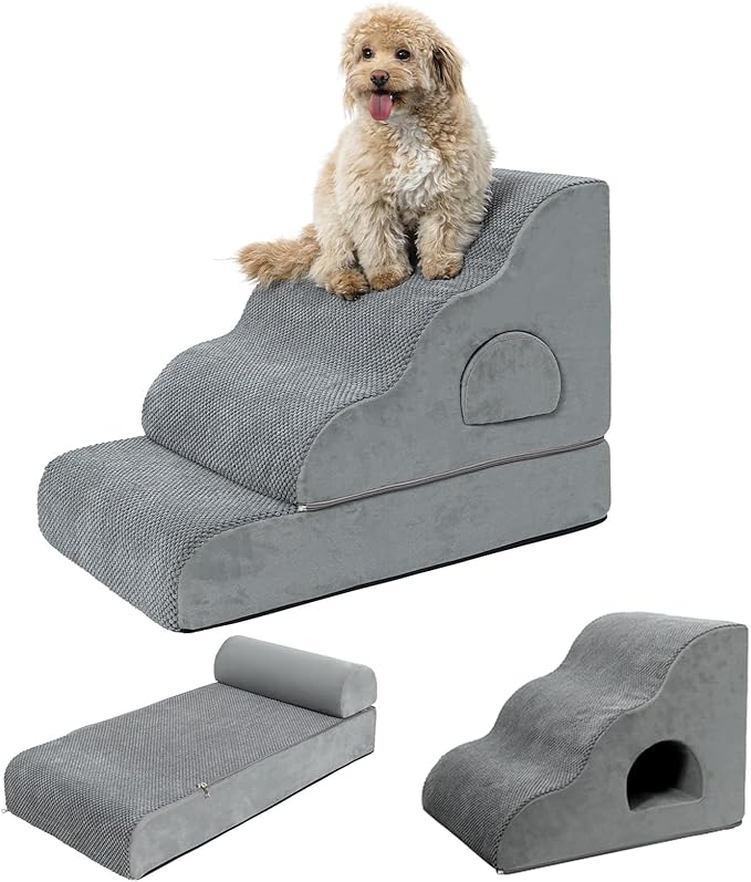 Dog Stairs for Small Dogs 19.7" H, 4-Step Dog Steps for High Bed, High-Density Foam Curved Pet Stairs with Non-Slip Removable Washable Cover to Get on Bed-PurrikoPets