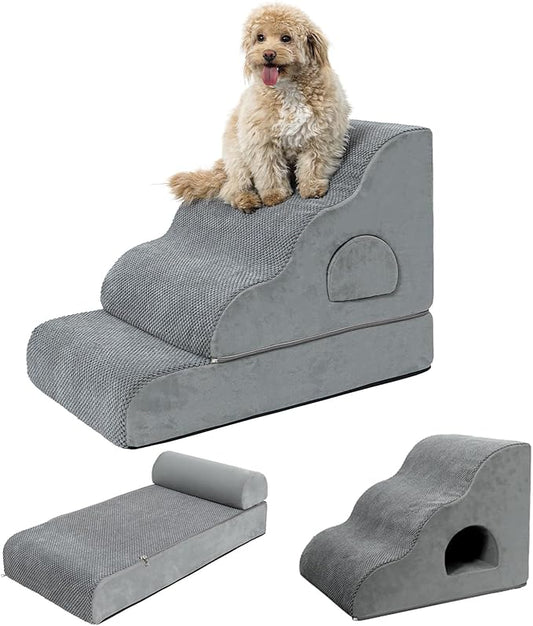 Dog Stairs for Small Dogs 19.7" H, 4-Step Dog Steps for High Bed, High-Density Foam Curved Pet Stairs with Non-Slip Removable Washable Cover to Get on Bed-PurrikoPets