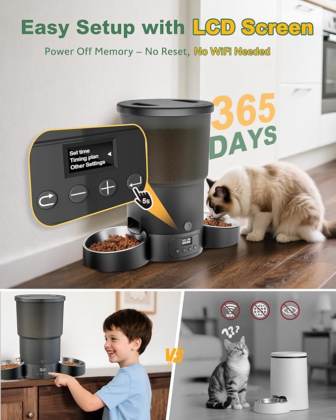Gimars 5L Automatic Cat Feeder for 2 Cats, Programmable 1-6 Meals Cat Food Dispenser with Stainless Steel Bowl, Easy Setup, Dual Power Supply,10s Meal Call Timed Pet Feeder for Cats and Small Dogs-PurrikoPets