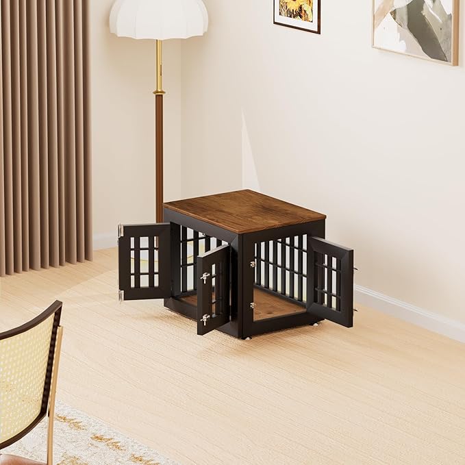 26" Heavy Duty Dog Crate Furniture for Small,Medium and Large Dogs,Rustic Wooden Dog Cage Kennel Indoor Furniture with Waterproof Top,Decorative Pet House Side End Table (Black & Wood)-PurrikoPets