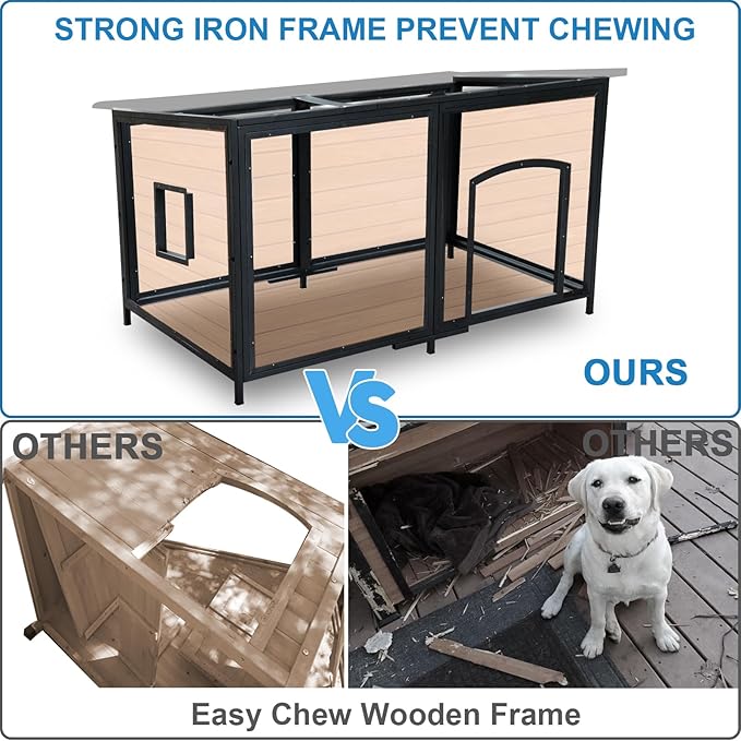Extra Large Dog House Outdoor Weatherproof 59.1" Outside Wooden Dog Kennel, Chewproof Strong Iron Frame Window-PurrikoPets