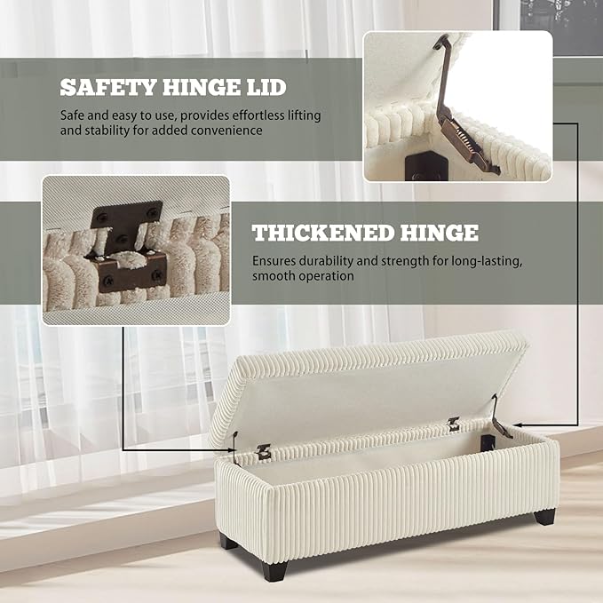 48" Ottoman with Storage, Corduroy Storage Ottoman Bench for Bedroom, End of Bed Bench with Safety Hinge for Living Room, Bedroom, Entryway, White-PurrikoPets