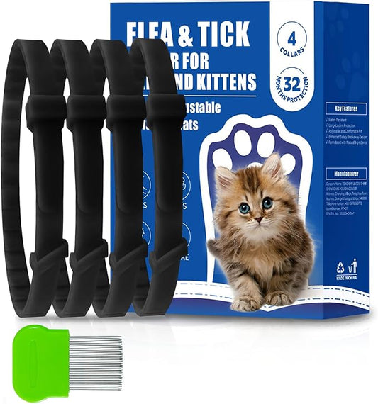 4 Pack Flea and Tick Collar for Cats, Natural Plant Oil Formula Cat Flea Collar Provides 32-Month Protection for Flea Tick Prevention, Waterproof & Adjustable Cat Flea Treatment for Most Cats-PurrikoPets