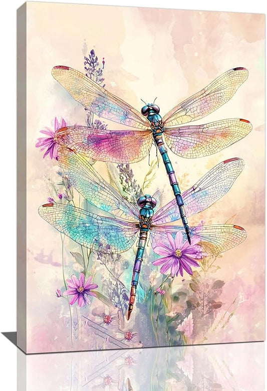 Dragonfly Bathroom Pictures Wall Art, Floral Bathroom Wall Decor, Framed Painting Canvas Artwork for Bedroom Living Room Decorations 24"L x 16"W-PurrikoPets