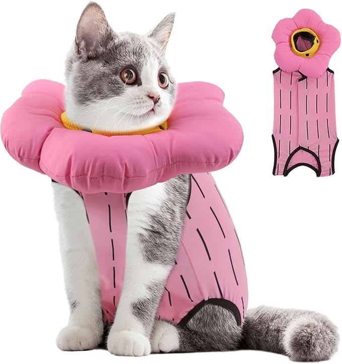 EMUST 2PCS Cat Recovery Suit and Cone Collar - Female, Breathable Cotton, Adjustable Soft E Collar Alternative for Cats 8-16lb (Pink, L)-PurrikoPets