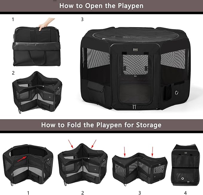 DONORO Dog Playpen Portable Pet Play Pens for Small Dog/Cat/Rabbit/Chicks, Cat Playpen Indoor/Outdoor with Carring Case, Removable Zipper Top and Bottom (Black, Medium (36"x36"x20"), 8)-PurrikoPets