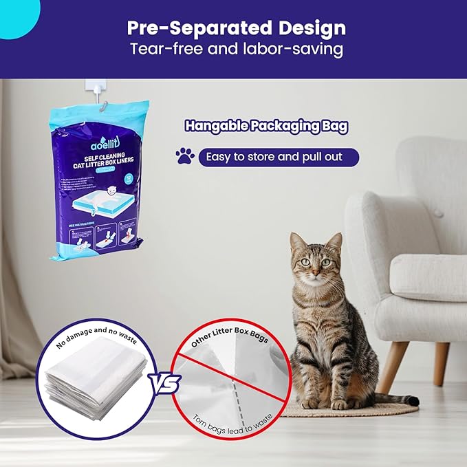 12 Count Litter Box Liners, Waste Bags Compatible with Pet-safe ScoopFree Self-Cleaning Litter Box Tray, Drawstring Litter Bags for Reusable Tray, Pre-Separated (38"L x 14.5"W x 7.8"H)-PurrikoPets
