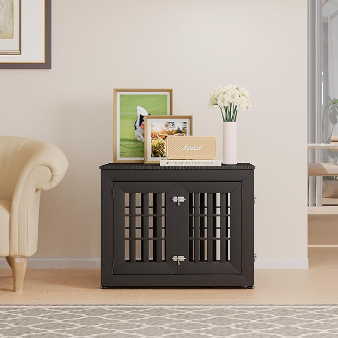 32" Heavy Duty Dog Crate Furniture for Small,Medium and Large Dogs,Rustic Wooden Dog Cage Kennel Indoor Furniture with Waterproof Top,Decorative Pet House Side End Table (Black)-PurrikoPets