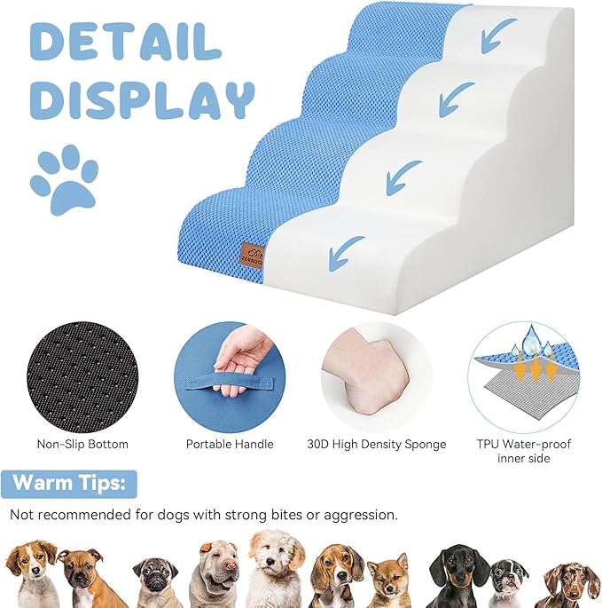 Dog Ramp and Stair for Bed 16" H-20 H,3-Step Cat Stair for Sofa and Chair,4-Step Dog Ramp for High Bed and Window,Durable Nonslip Fabric Cover for Indoor (Blue-20“H, Pet Friendly, 4)-PurrikoPets