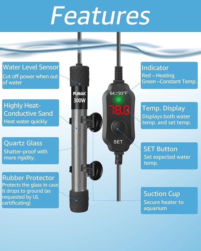 300W Adjustable Aquarium Heater Super Short Submersible Fish Tank Heater Fish Heater with LED Digital Display Thermostat, for Tanks 40-60 Gallons-PurrikoPets