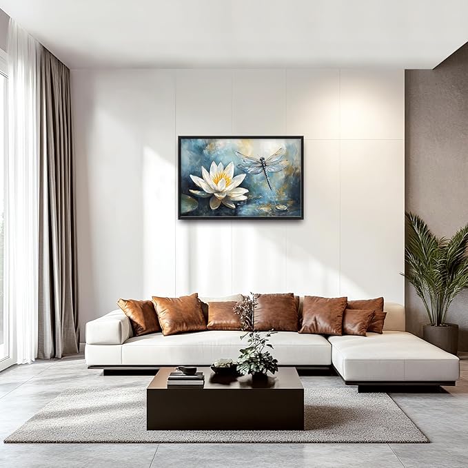 Extra Large Lotus Dragonfly Framed Wall Art for Living Room,Abstract Blue Lotus Flower Lake Pictures Wall Decor,Nature Canvas Print Painting Modern Artwork Bedroom Office Bathroom 36L" x 24W"-PurrikoPets