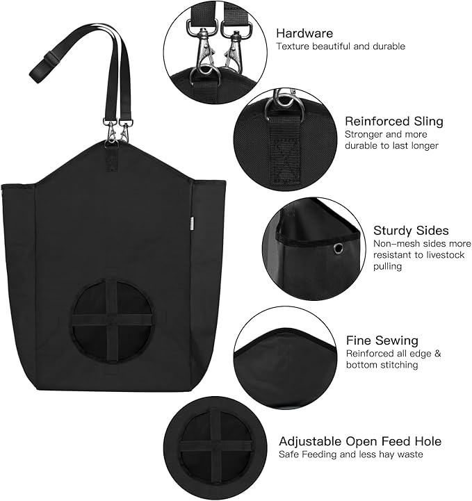 3 Packs Goat Hay Feeder,Hay Bags for Goats,Horses,Sheep,Premium 600D Oxford Cloth,with Metal Fastener and Adjustable Open Feed Hole for Slow Feeding. (3 Black)-PurrikoPets