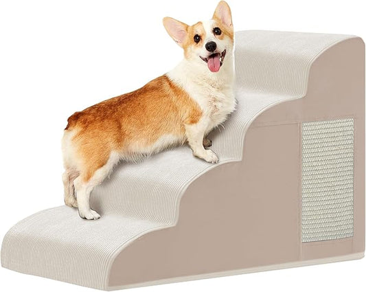 Dogs Steps for Bed, Dog Stairs for Small Dogs, 4-Step Dog Ramp for Bed, Couch, Sofa, and Chairs, Non-Slip Bottom Design, Cat Scratching, High Density Foam Portable Pet Step, Indoor, Beige-PurrikoPets