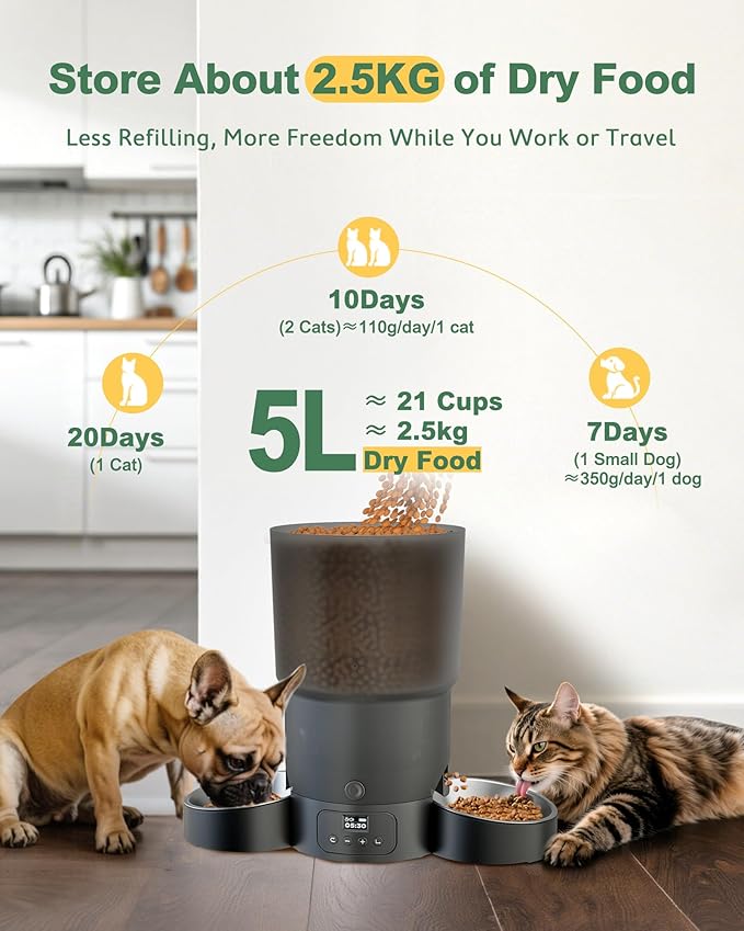Gimars 5L Automatic Cat Feeder for 2 Cats, Programmable 1-6 Meals Cat Food Dispenser with Stainless Steel Bowl, Easy Setup, Dual Power Supply,10s Meal Call Timed Pet Feeder for Cats and Small Dogs-PurrikoPets