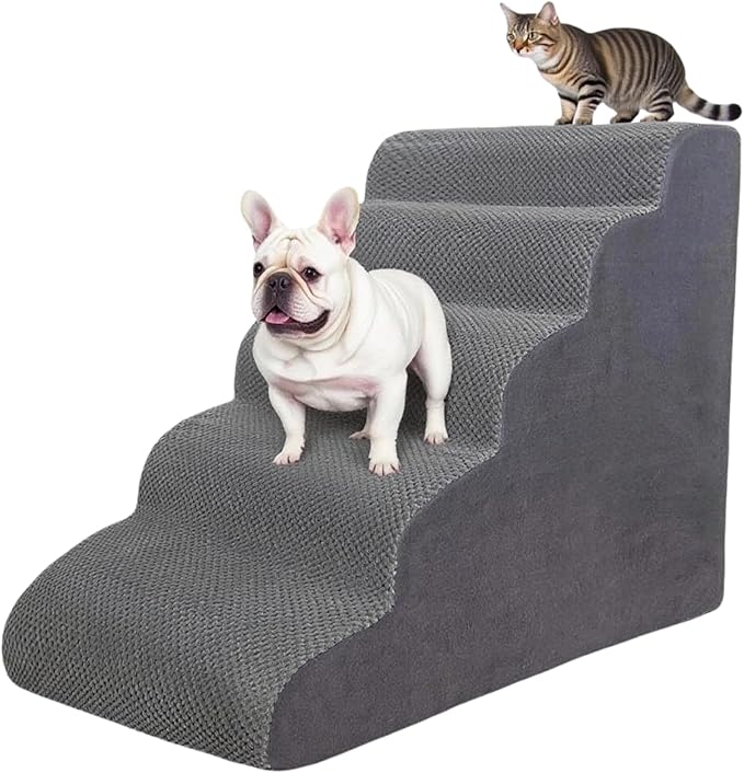 5 Step Pet Stairs Ramp for High Beds Sofas 5-30 Inch with Sturdy Non Slip Waterproof Pads, Machine Washable Cover Indoor Balanced Design for Cats Dogs Small Medium Large XL Pets Grey (Grey, Large, 1)-PurrikoPets