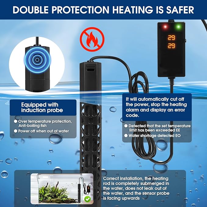 1000w Aquarium Heater, Submersible Fish Tank Heater,Intelligent Frequency Conversion with Over-Temperature Protection and Automatic Power-Off When Leaving Water for-PurrikoPets