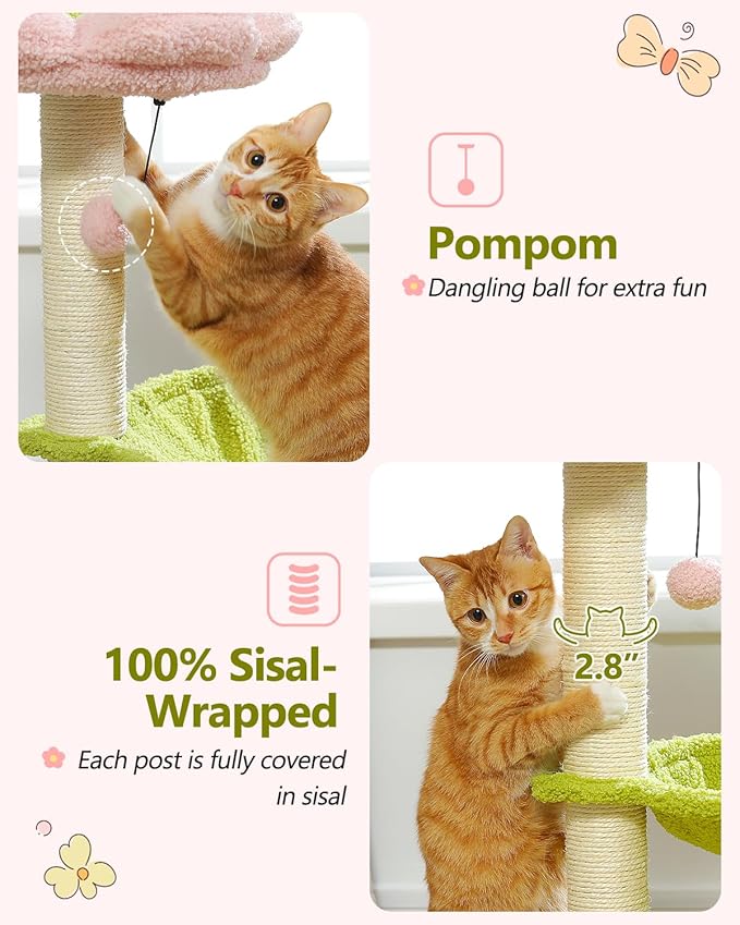 Flower Cat Tree, 28" Cat Tower with Cozy Flower Perch, Large Hammock for Indoor Small Cats, Cute Cat Tree with Sisal Scratching Post and Fur Toy Ball for Kittens, Pink-PurrikoPets