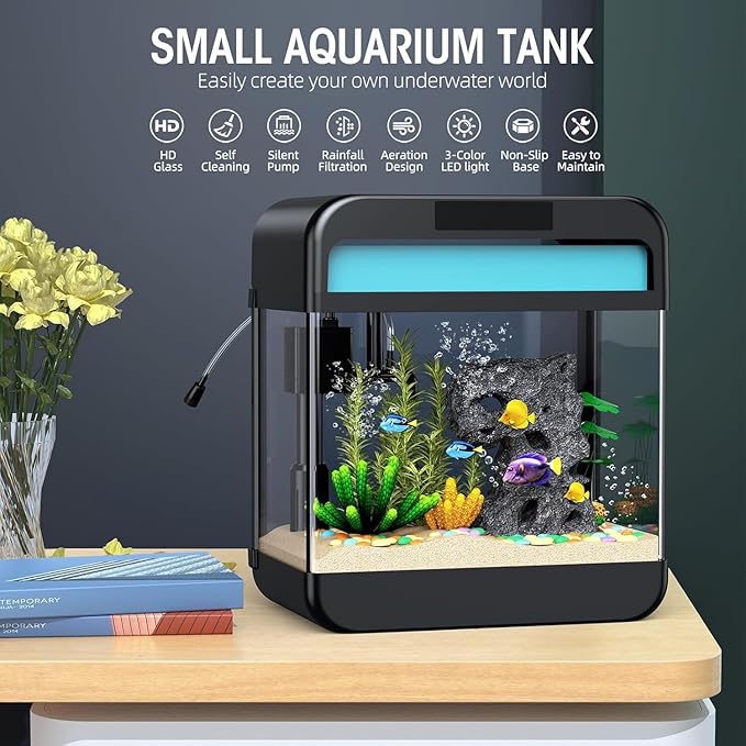 Fish Tank Aquarium 2.2 Gallon with Adjustable 3 Colors Lighting 3 in 1 Pump with Filteration, Oxygenation, Water Circulation Triple Function, HD Float Glass, Leak-Proof Thickened Base-PurrikoPets
