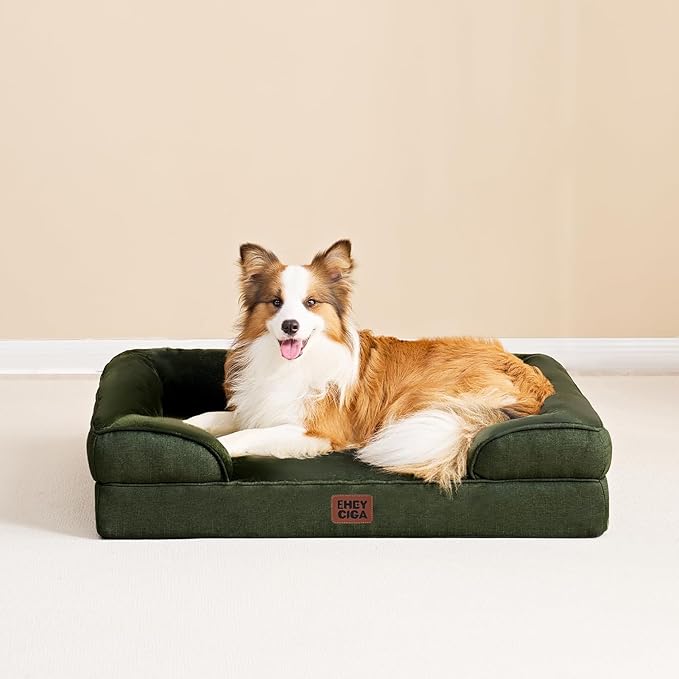 EHEYCIGA Orthopedic Dog Beds for Large Dogs, Waterproof Memory Foam Large Dog Bed with Sides, Non-Slip Bottom and Egg-Crate Foam Pet Couch Bed with Washable Removable Cover, Dark Green-PurrikoPets