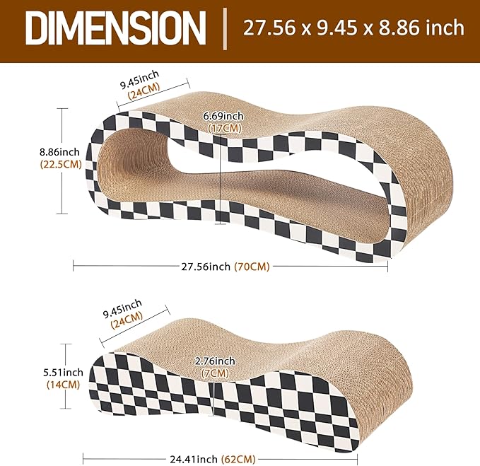 2 in 1 Cat Scratcher Cardboard Lounge Bed, Cat Scratching Post, Durable Board Pads Prevents Furniture Damage,Large,Checkerboard-PurrikoPets