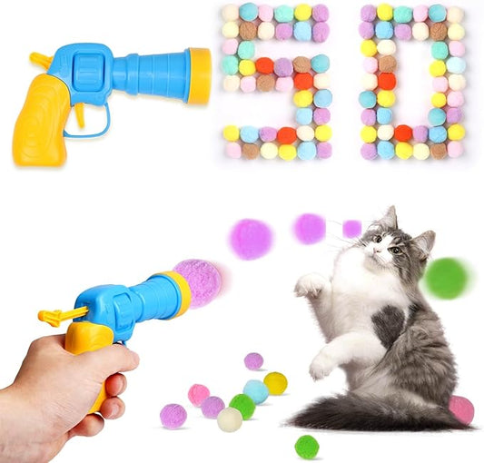 50Pcs Cat Toys Pom Pom Balls with 1 Launcher Set, Interactive Cat Toy Stuff for Indoor Both Adult & Kitten Toys-PurrikoPets