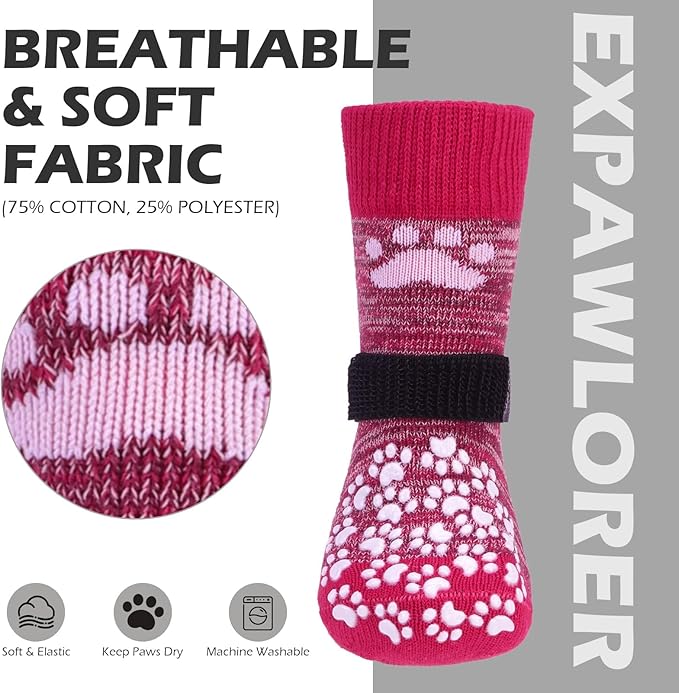 EXPAWLORER Anti Slip Dog Socks to Prevent Licking Paws, Dog Shoes for Hot Pavement, Dog Booties for Small Medium Large Senior Dogs, Traction Control Boots & Paw Protectors for Hardwood Floors Rose-PurrikoPets