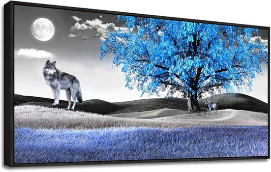 Frame Canvas Wall Art For Living Room Family Wall Decorations For Bedroom Modern Office Wall Decor Paintings Blue Tree Landscape Pictures Artwork Canvas Art Prints Home Decor Black Framed 24" X 48"-PurrikoPets